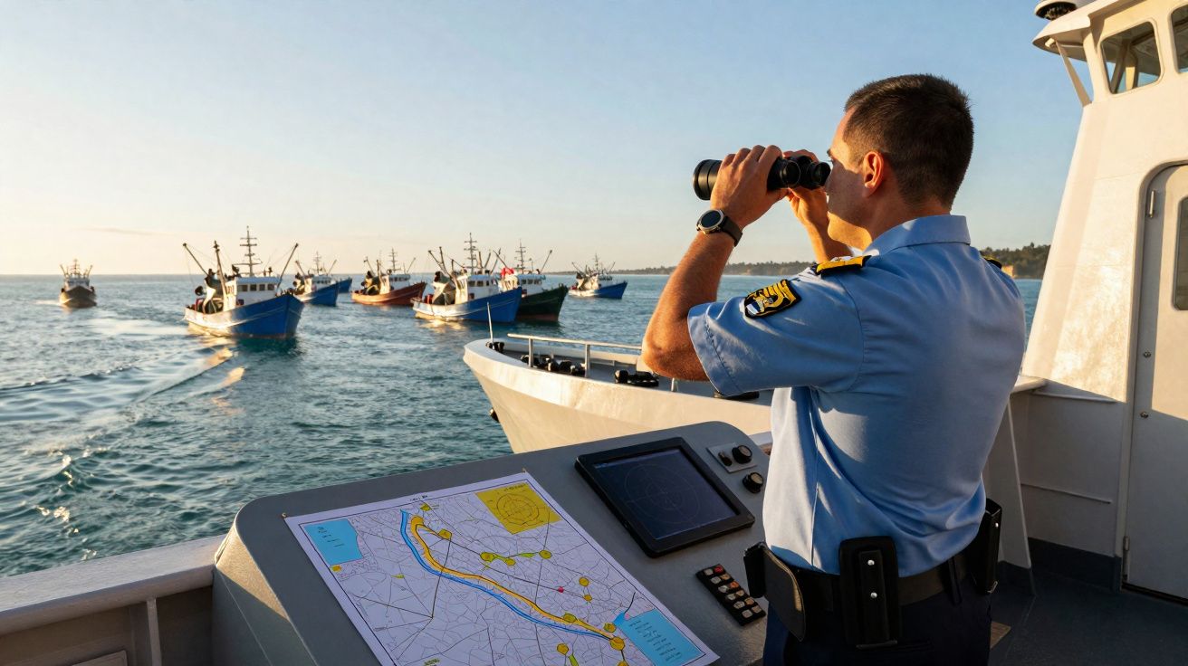 Polícia marítima observa barcos de pesca no mar durante o pôr do sol a partir de uma embarcação de patrulha.