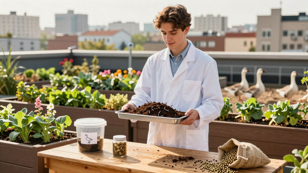 Jovem cientista com bata branca analisa terra em bandeja num jardim urbano com plantas e aves ao fundo.