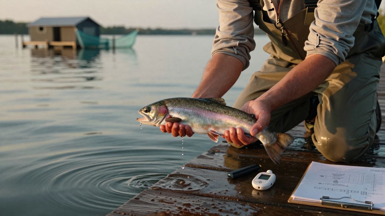 Pessoa segura uma truta com as mãos num cais junto a um lago ao amanhecer, com objetos e casinha de madeira ao fundo.
