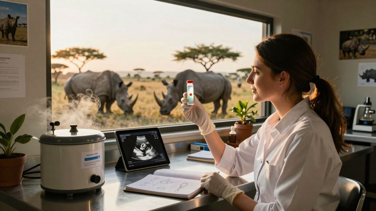 Cientista numa laboratório observa amostra com rinocerontes ao longe numa savana vista pela janela.
