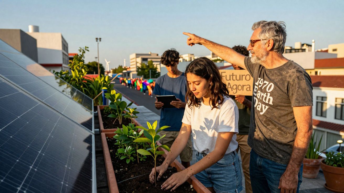 Grupo de pessoas a plantar vegetação junto a painéis solares num telhado urbano ao pôr do sol.