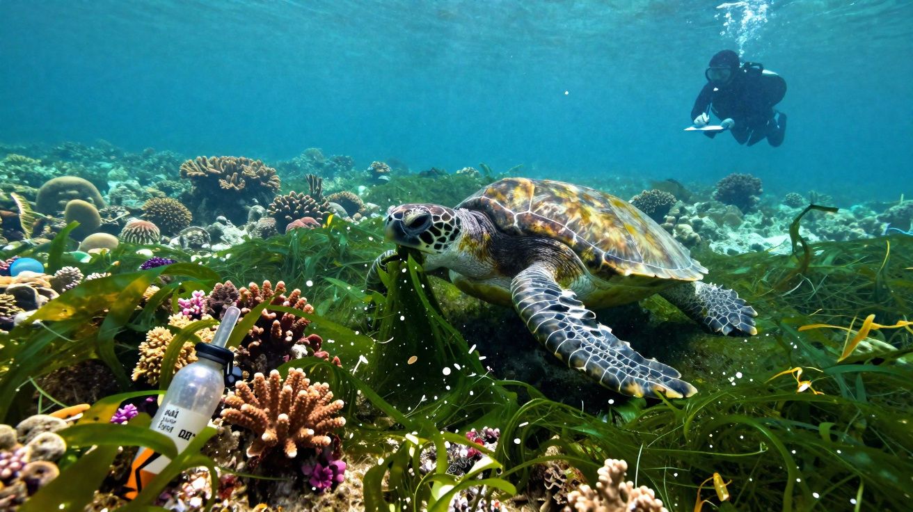 Tartaruga marinha a nadar sobre coral e plantas aquáticas com mergulhador a observar com prancheta.