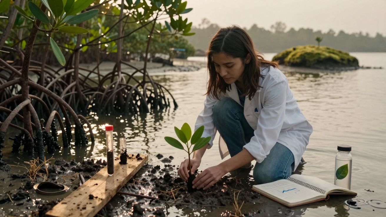 Jovem cientista a plantar uma muda de mangue numa zona alagada, com cadernos e amostras à sua volta.