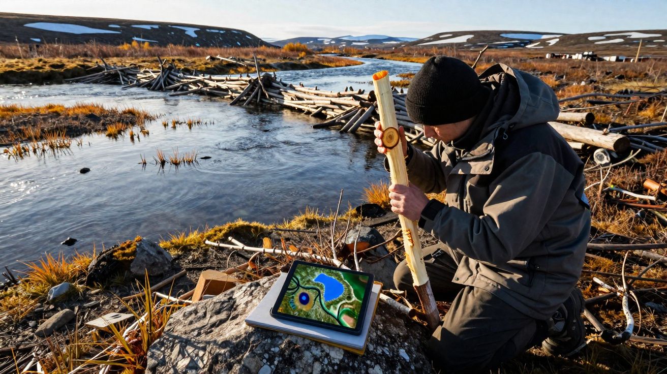 Pessoa em roupa de inverno usa bússola antiga junto a rio com neve nas montanhas ao fundo, tablet com mapa na pedra.