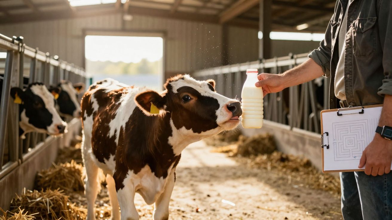 Vaca piolha numa quinta olha para uma pessoa que segura uma garrafa de leite e uma prancheta.