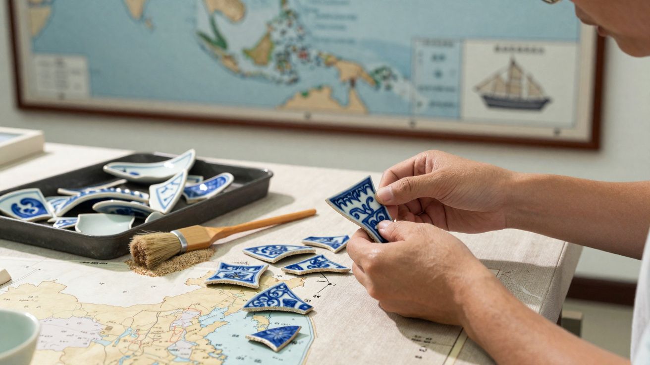 Mãos a montar mosaico com peças de cerâmica azul e branca sobre mapa histórico numa mesa.
