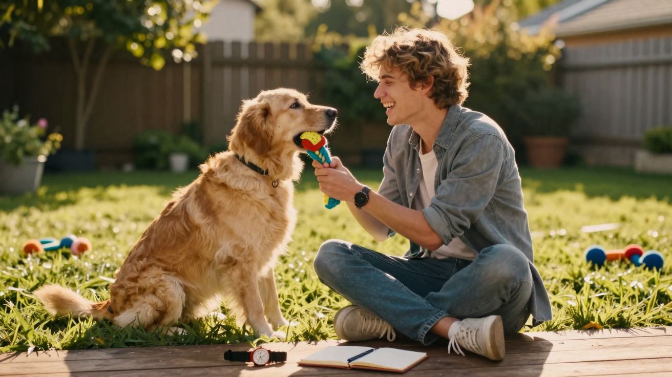Jovem sentado no jardim a brincar com cão golden retriever usando brinquedo colorido.