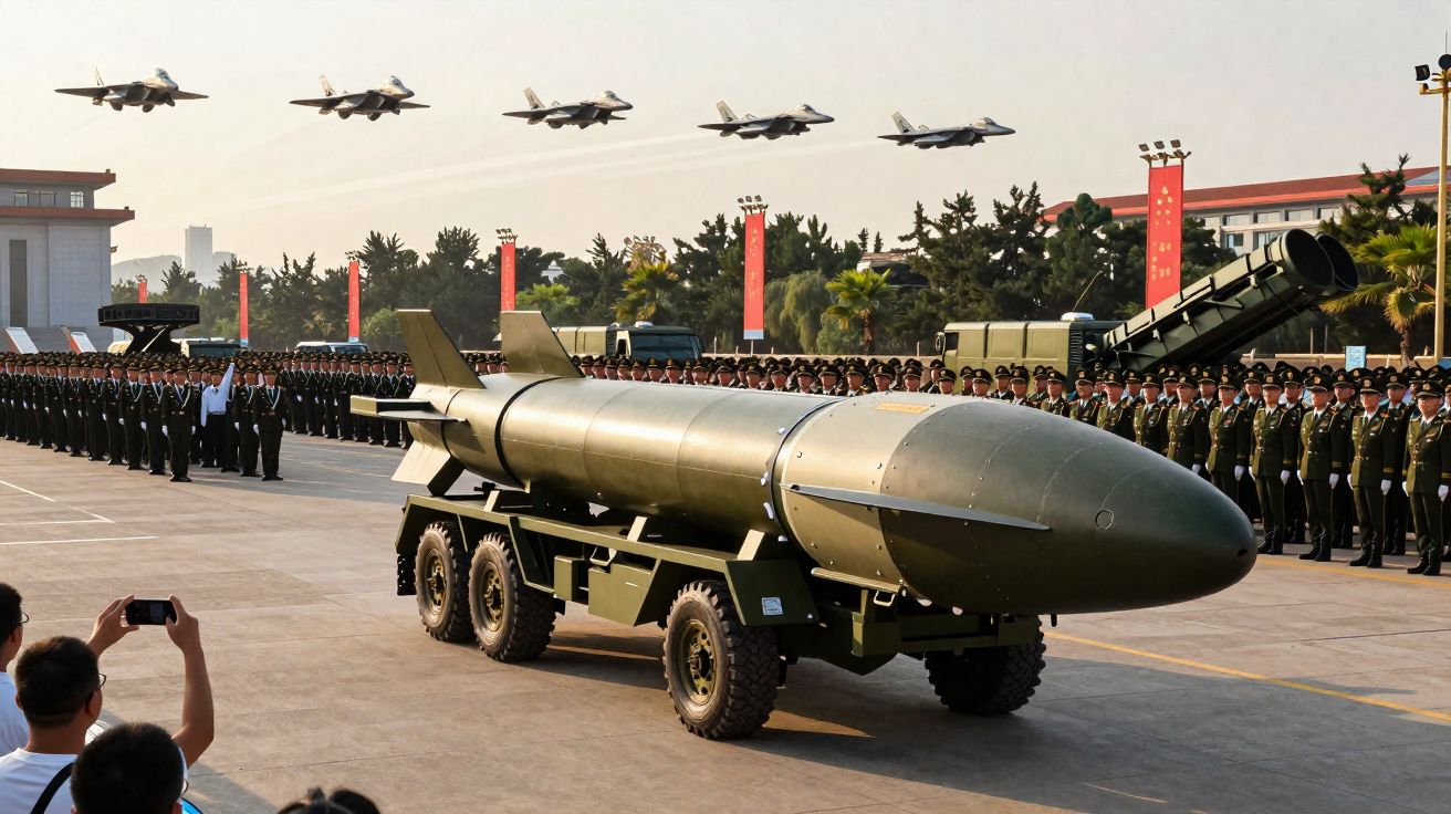 Míssil militar transportado por veículo em desfile com soldados alinhados e jatos a voar no céu.