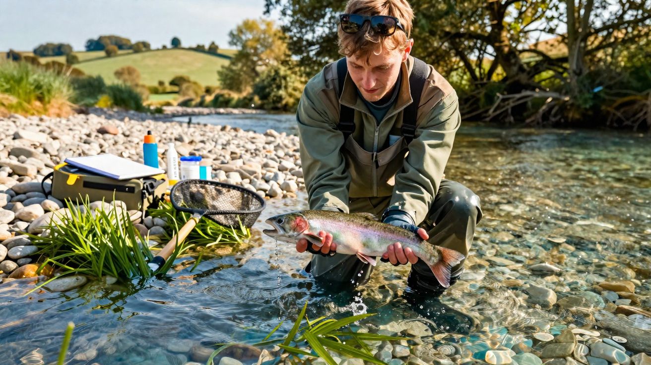Homem a segurar uma truta arco-íris numa riacho de água cristalina com vegetação e pedras ao redor.