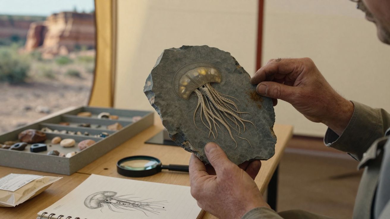 Mãos seguram fóssil de uma água-viva num pedaço de pedra com desenhos e lupas numa mesa.