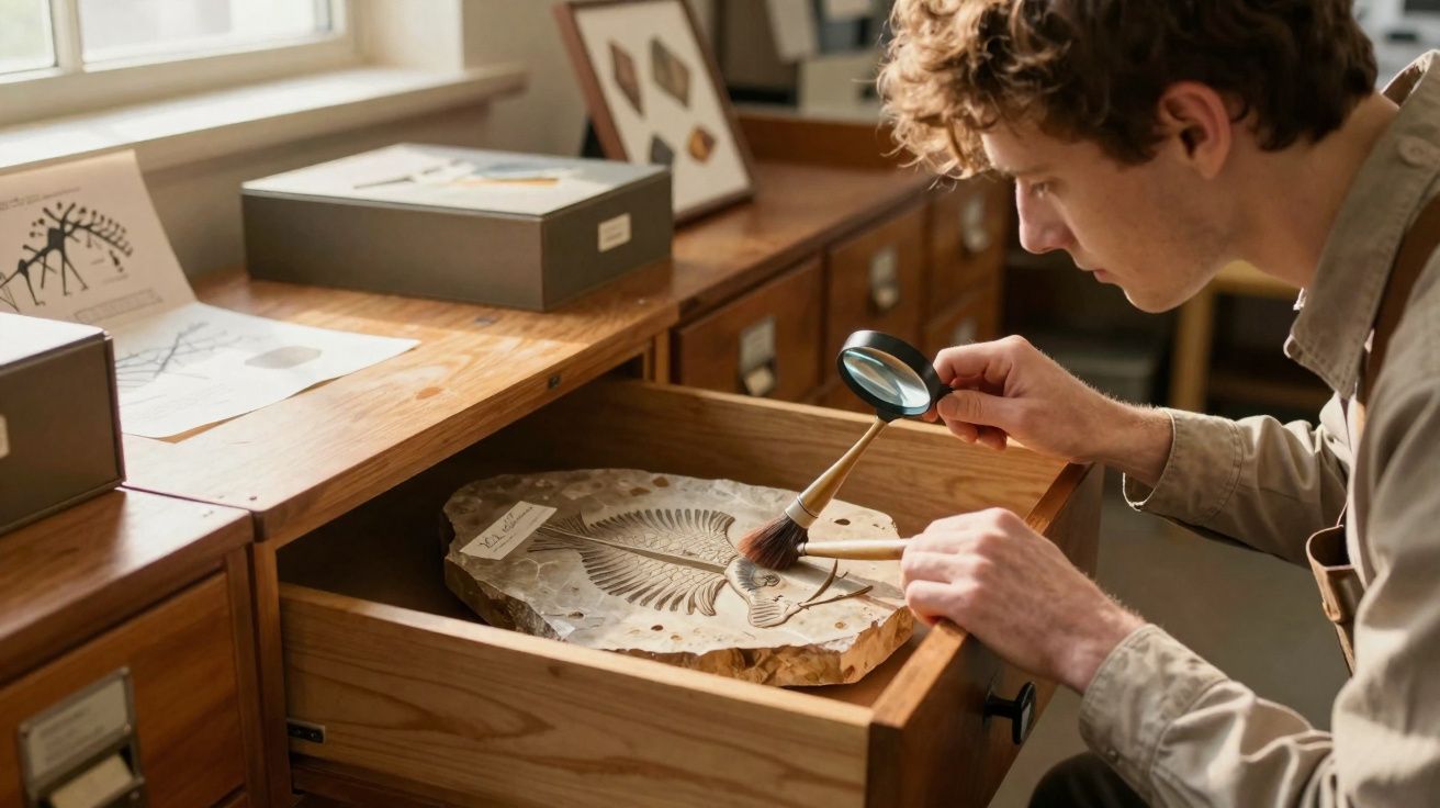 Homem examina fóssil com lupa e pincel numa gaveta de madeira à luz natural.