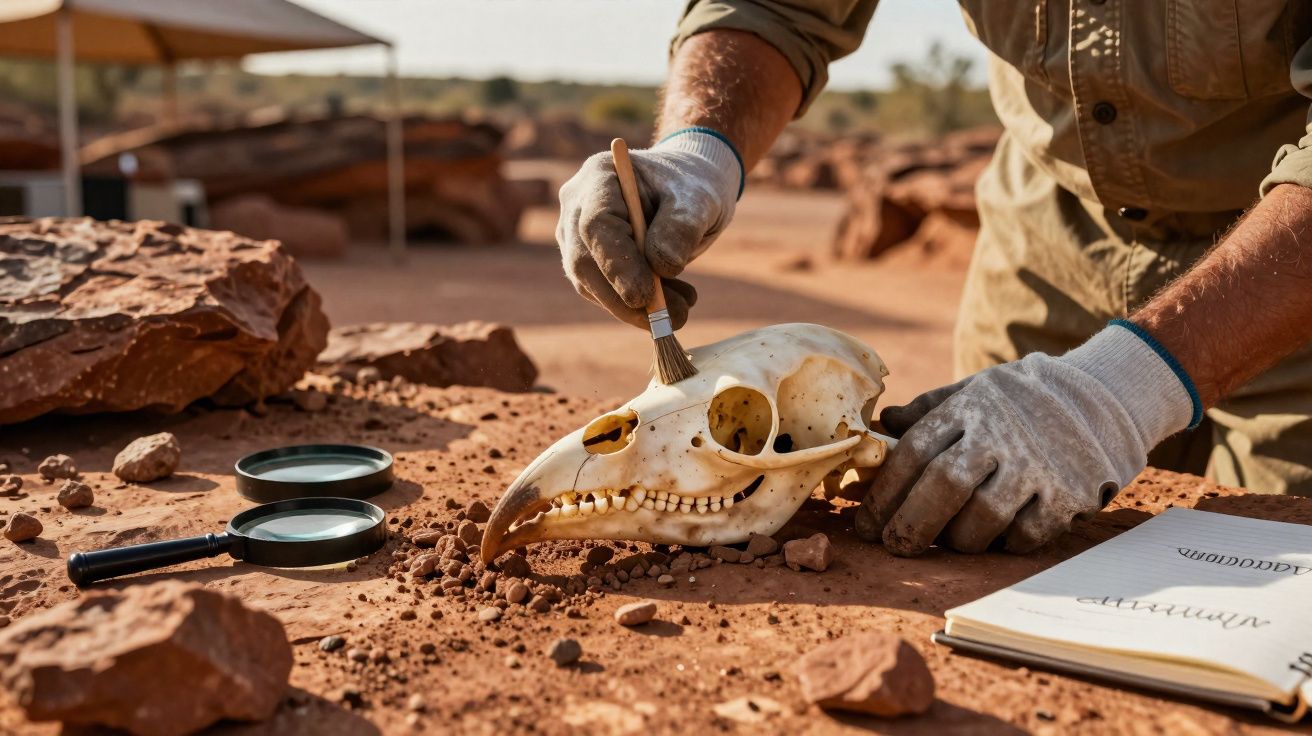 Pessoa a limpar cuidadosamente um crânio animal com pincel num sítio arqueológico ao ar livre.