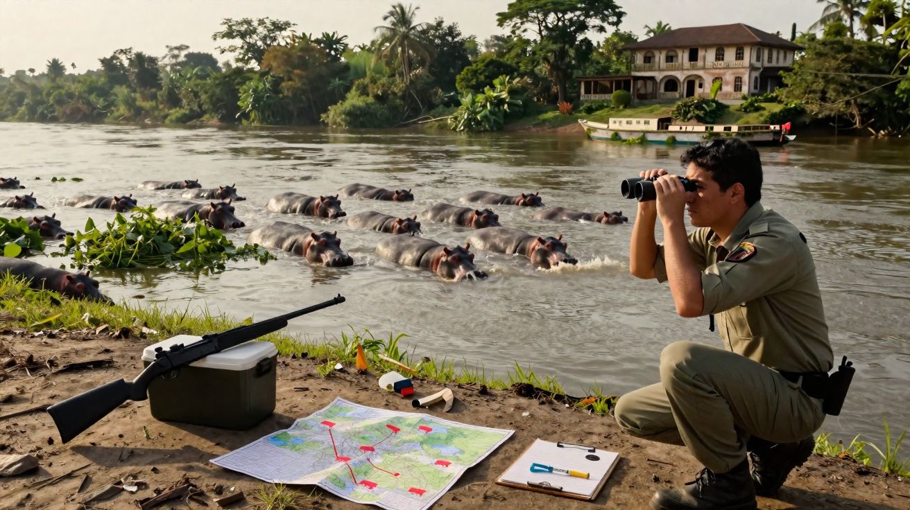 Homem observa hipopótamos no rio com binóculos, ao lado de mapa, armas e apetrechos num cenário natural.