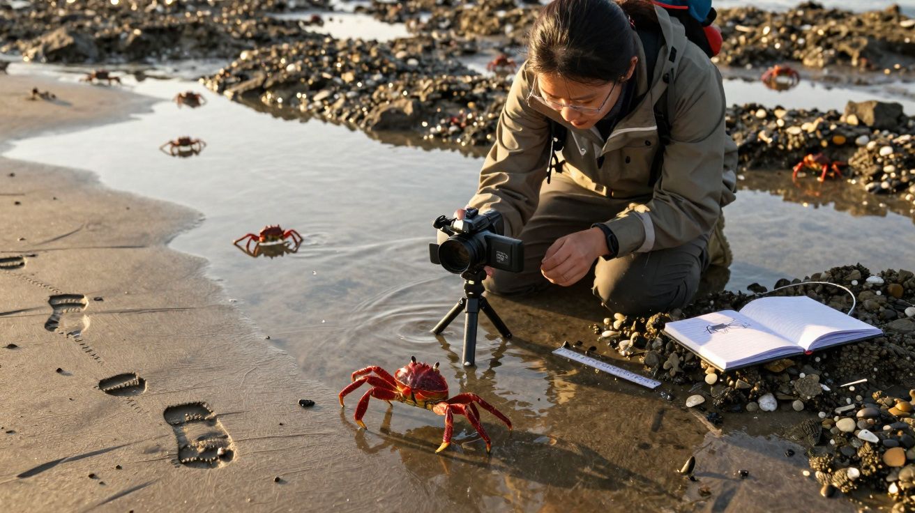 Pessoa a fotografar caranguejos vermelhos numa zona húmida costeira com caderno e régua ao lado.
