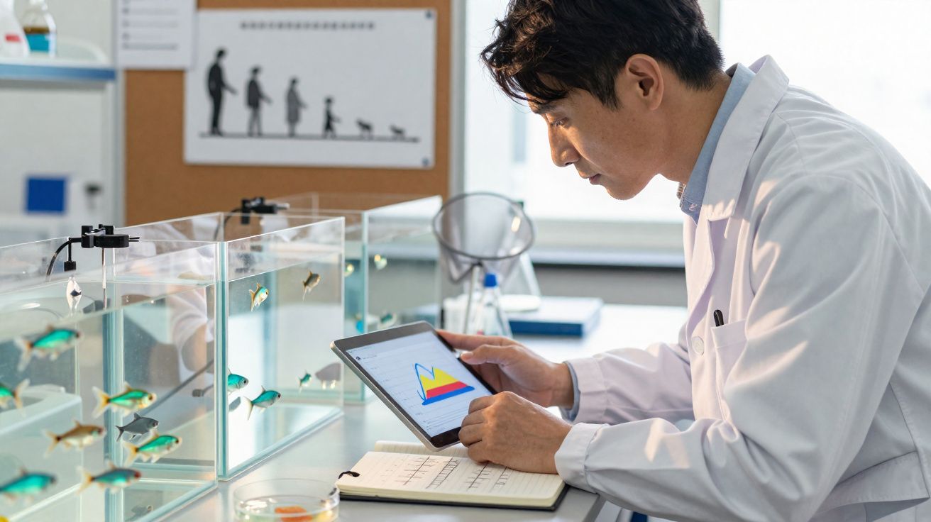 Cientista em laboratório a analisar dados de peixes em tanques usando um tablet e apontando para gráficos.