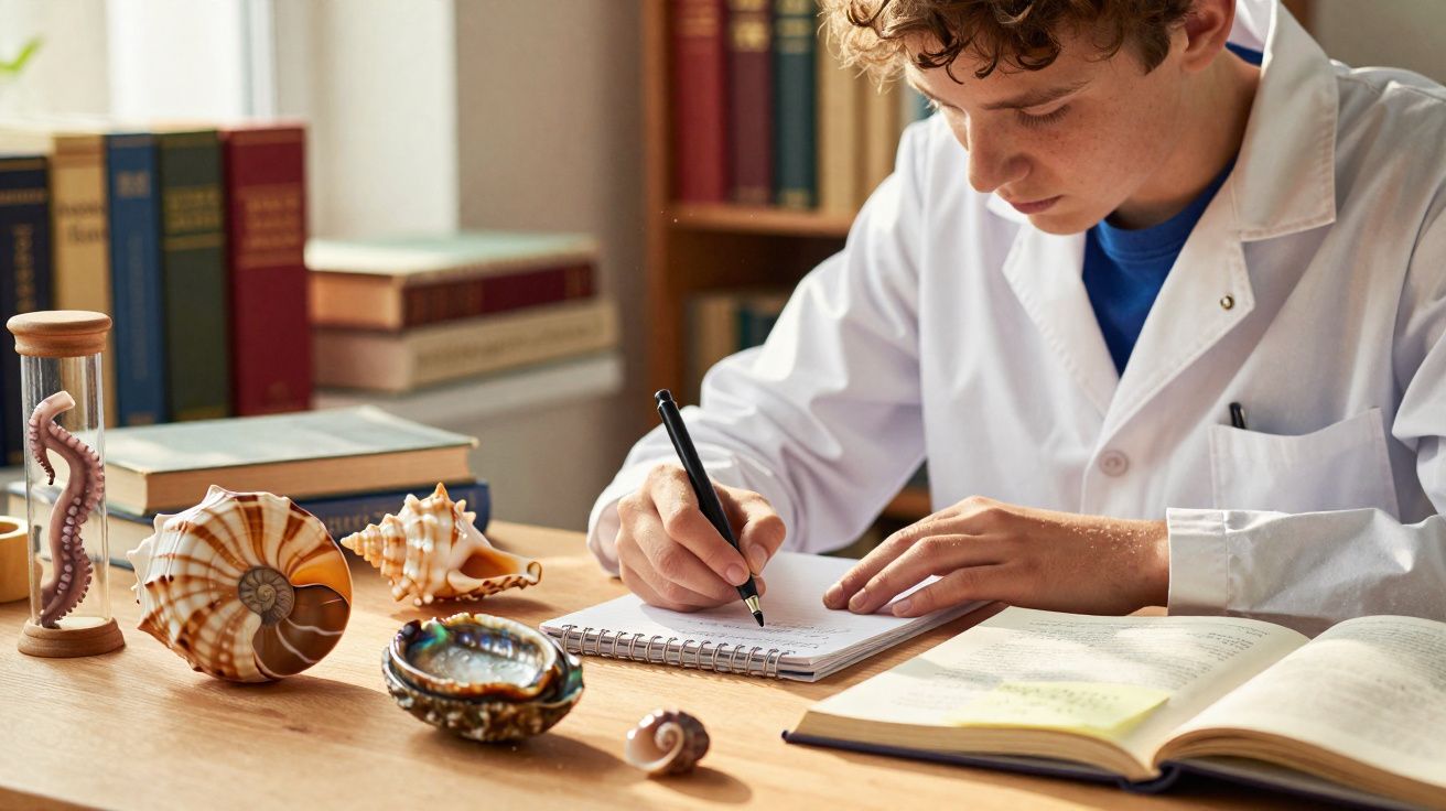Jovem cientista em bata branca escreve em caderno rodeado de conchas marinhas e livros numa biblioteca.