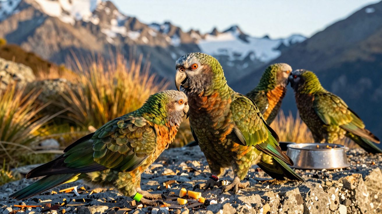 Dois papagaios verdes alaranjados juntos em pedras com montanhas nevadas ao fundo e outros dois papagaios perto de um comedou