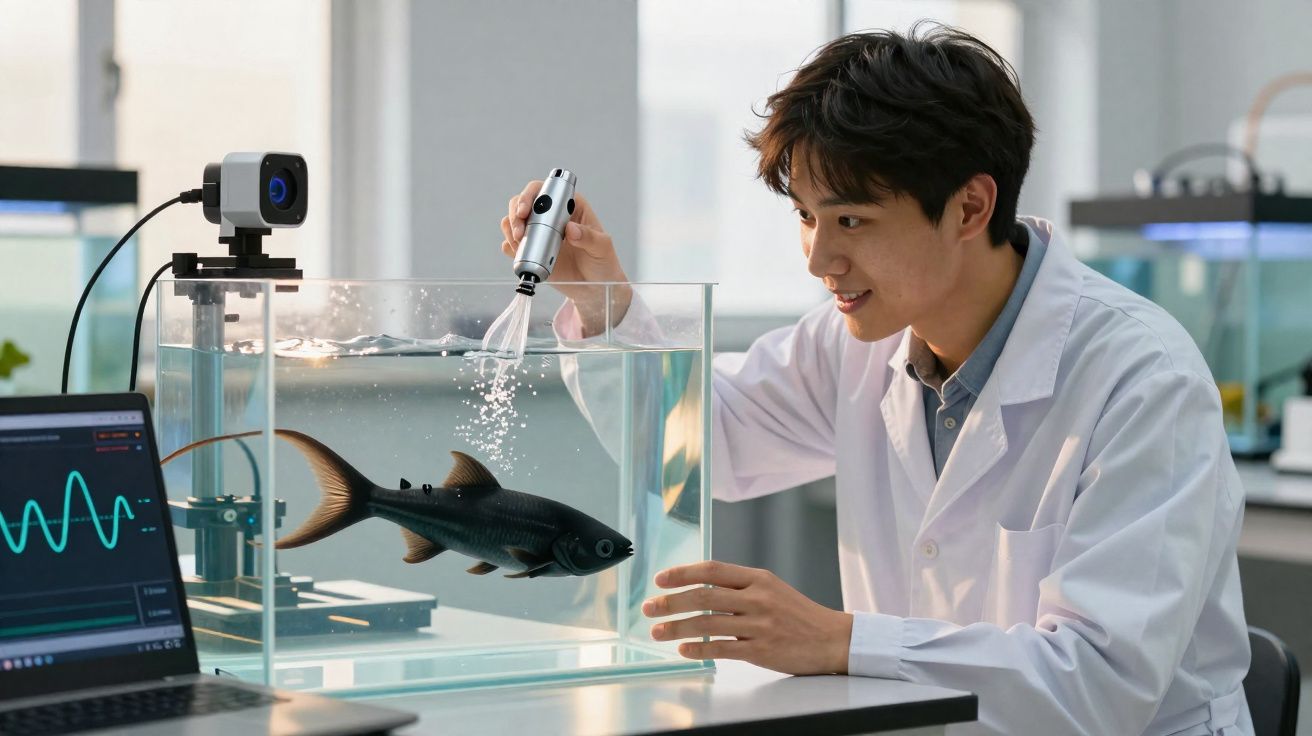 Homem com bata branca alimenta peixe em aquário durante experimento científico com monitor ao lado.