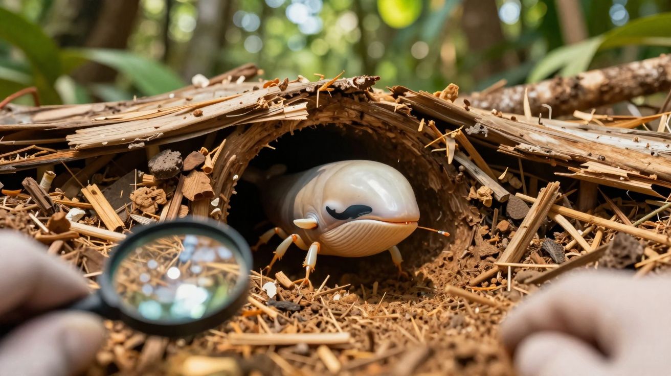 Inseto modelo com olhos pintados, a sair de toca feita de gravetos e folhas secas, observado com lupa.