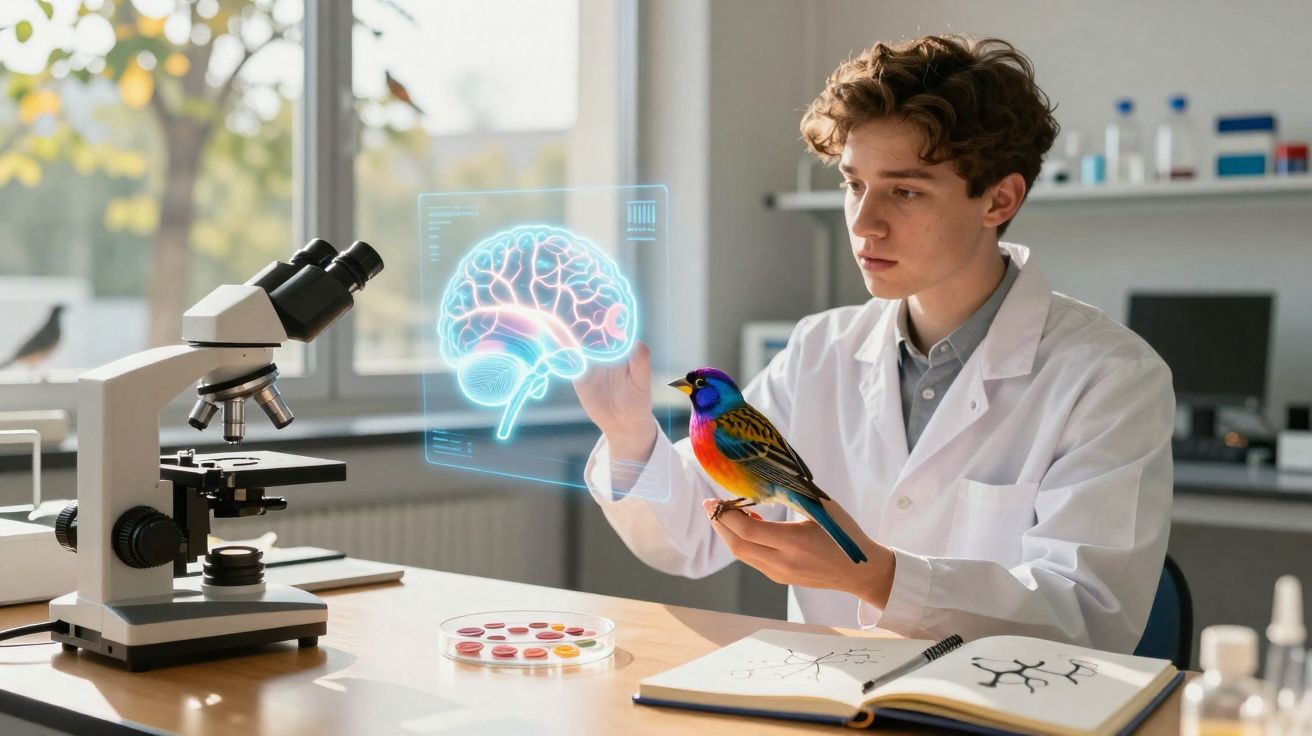 Jovem cientista em laboratório a analisar holograma de cérebro enquanto segura um pássaro colorido.