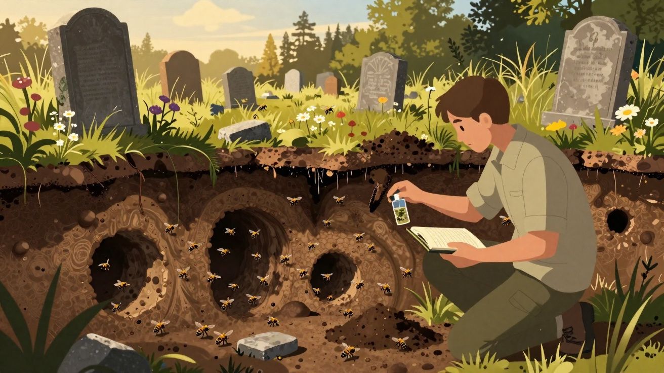 Homem observa e recolhe amostras de abelhas numa colmeia subterrânea num cemitério com campas visíveis.
