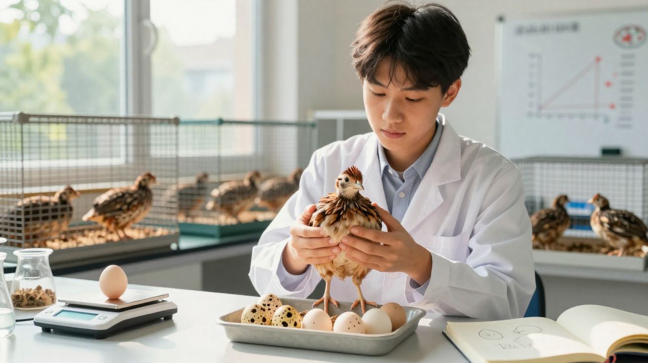 Jovem cientista examina uma codorniz com ovos numa bandeja, numa sala de laboratório avícola.