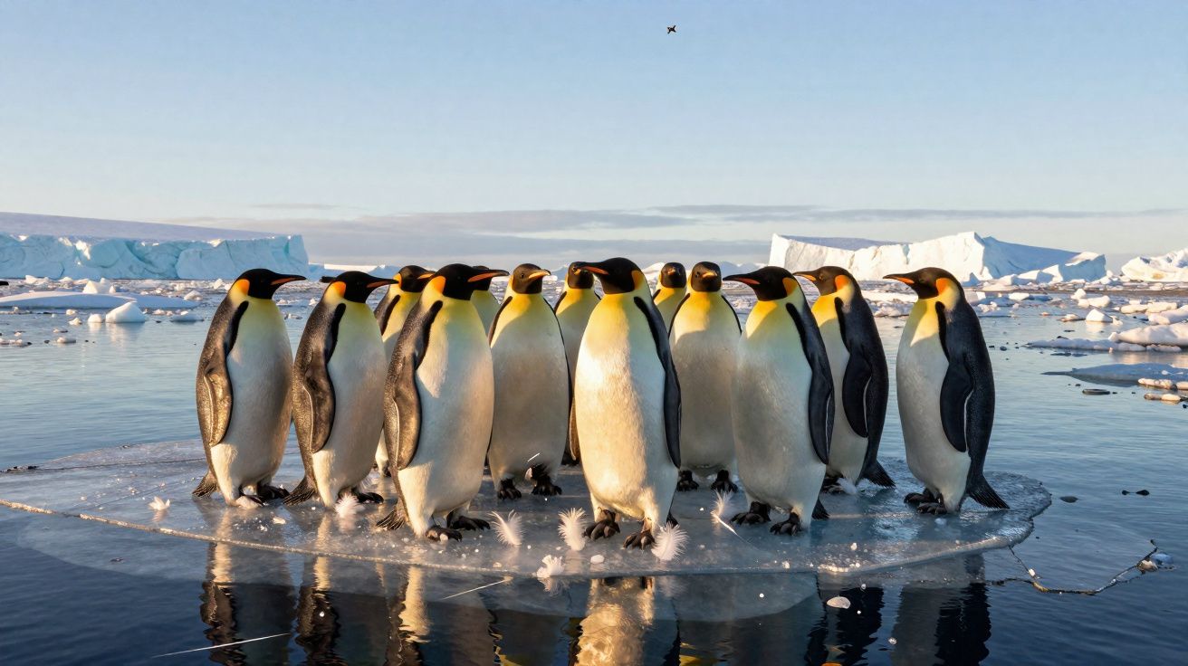 Grupo de pinguins-imperador reunidos em bloco de gelo flutuante no mar gelado com icebergs ao fundo.