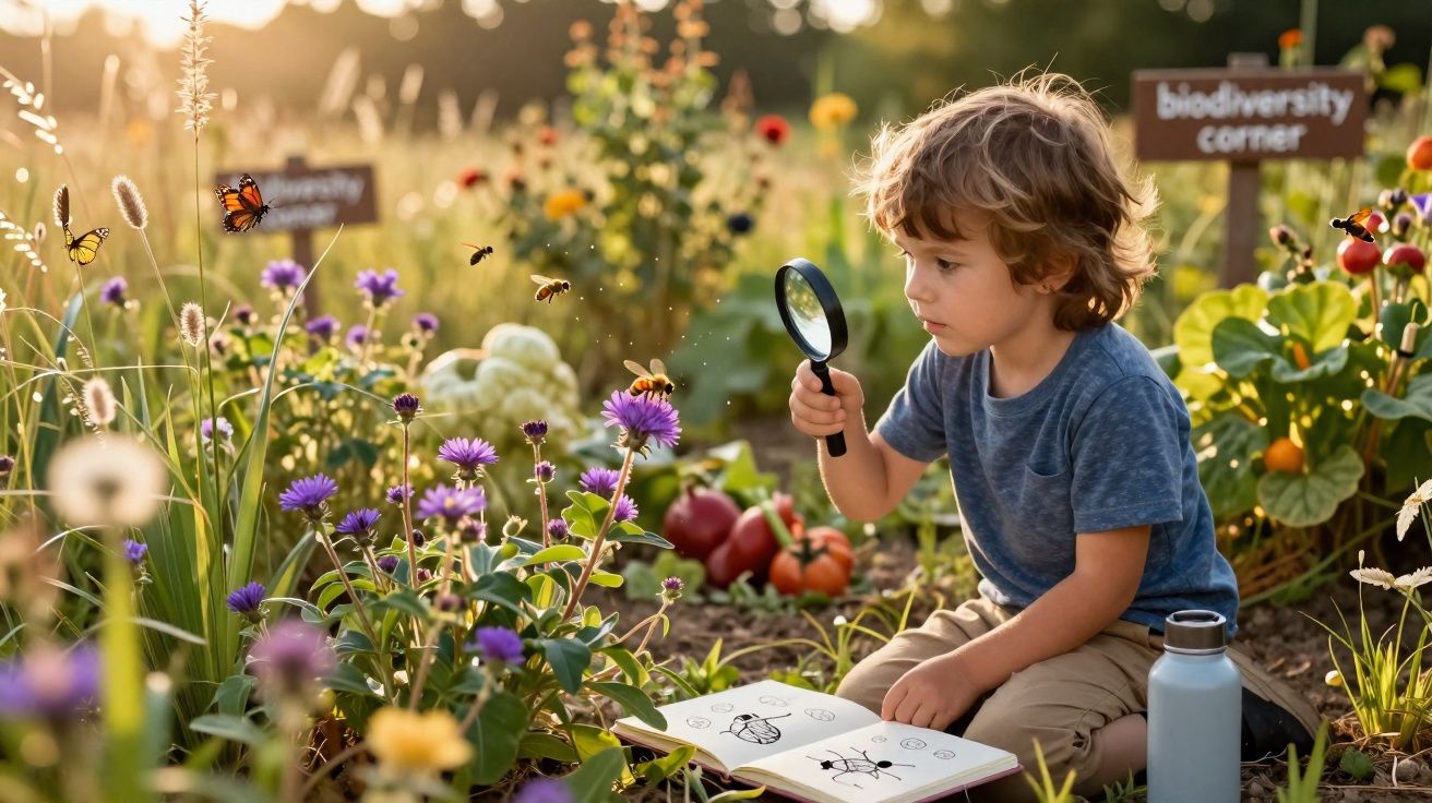 Criança observa insetos com lupa num jardim florido, rodeado de plantas e flores, durante o pôr do sol.