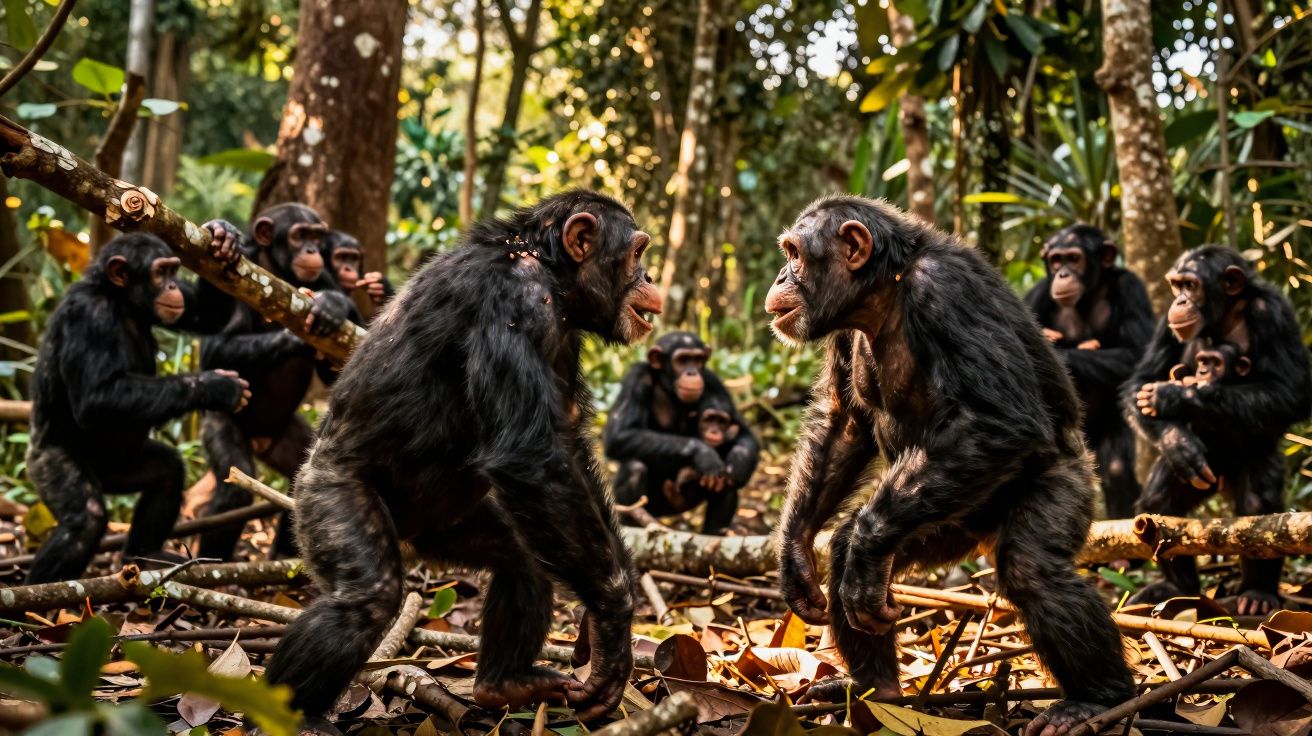 Dois chimpanzés em posição de confronto no meio da floresta, com outros chimpanzés observando ao fundo.