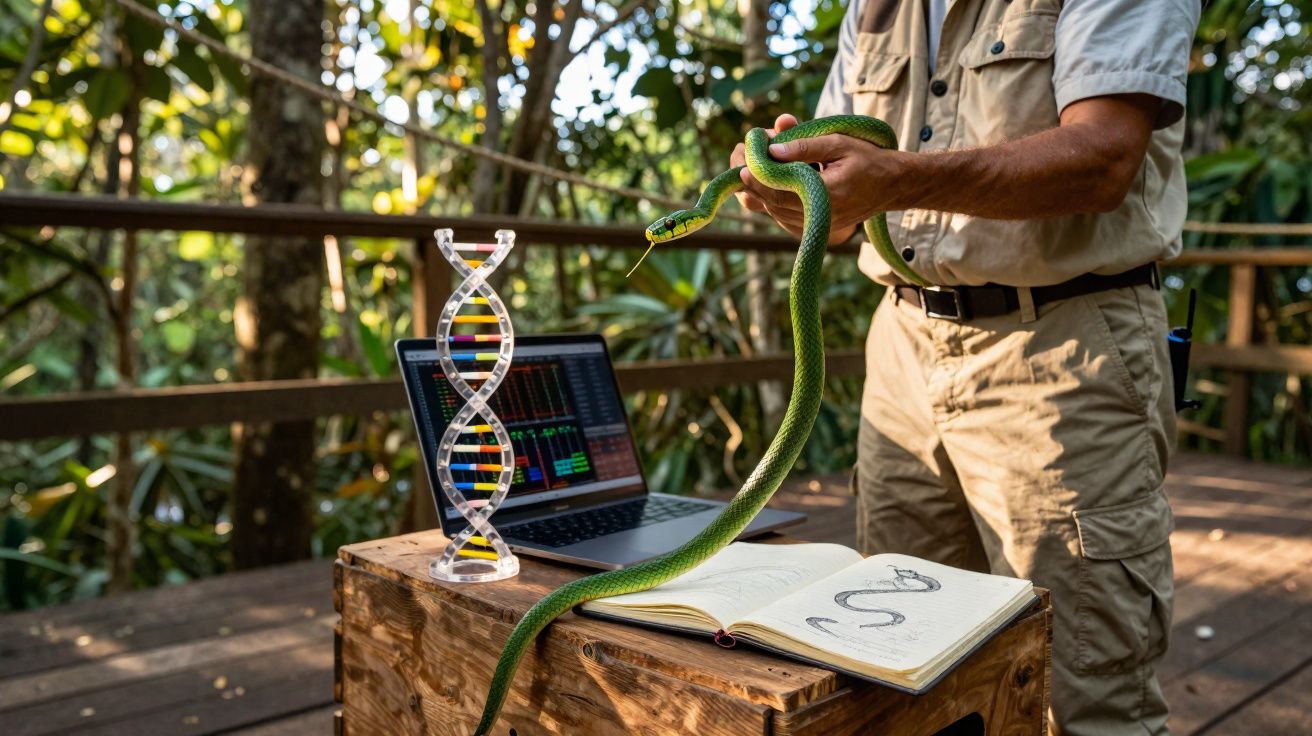Homem segurando cobra verde junto a livro aberto, modelo DNA e computador ao ar livre numa floresta.
