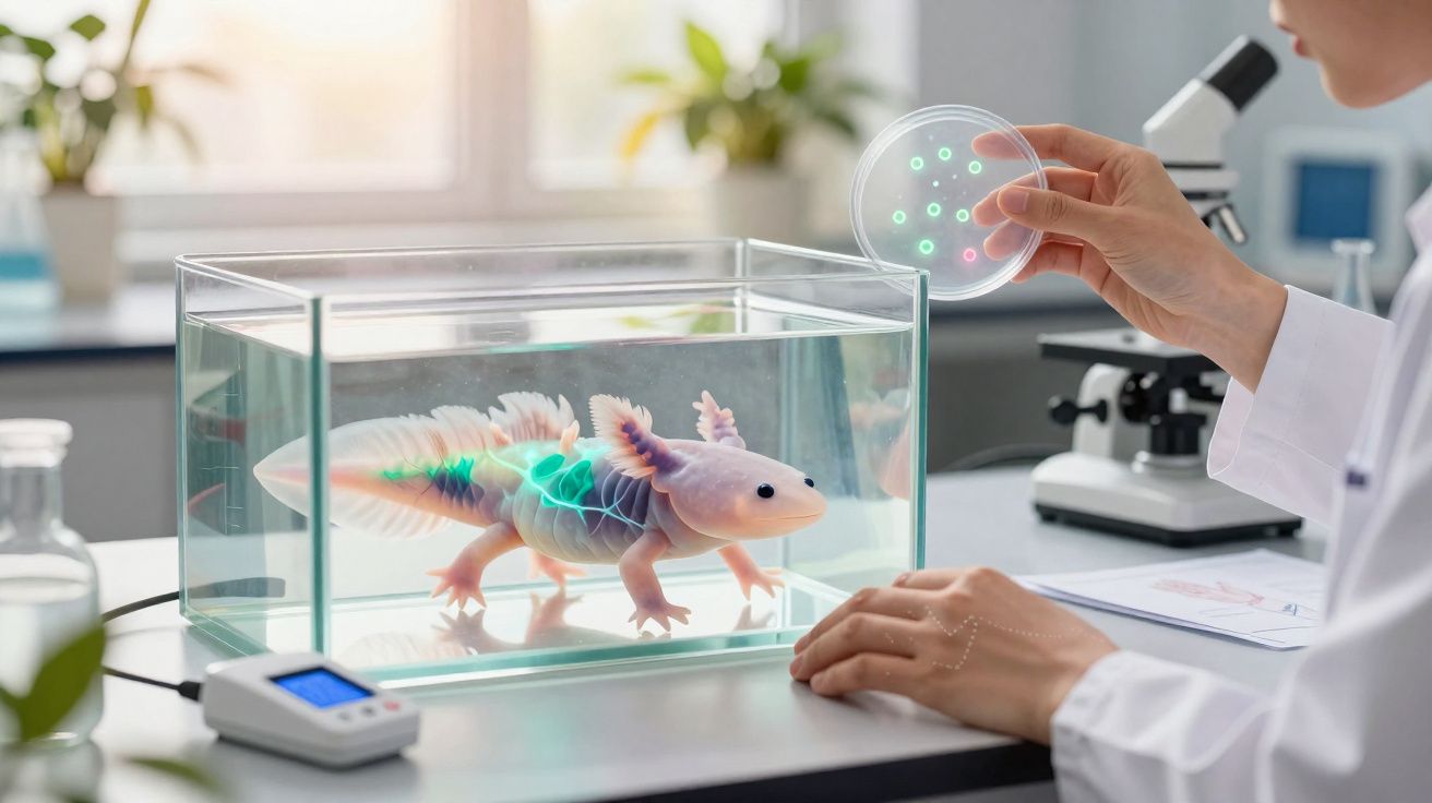 Cientista em laboratório a analisar axolote com holograma de órgãos numa cuba de água.