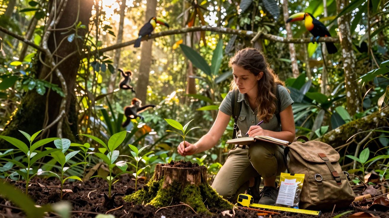 Mulher a estudar planta jovem na floresta, rodeada de aves coloridas e vegetação densa, com mochila e caderno.