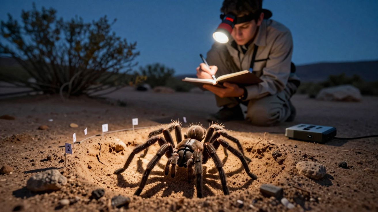 Criança com lanterna na cabeça observa e anota dados sobre uma grande tarântula na areia à noite.