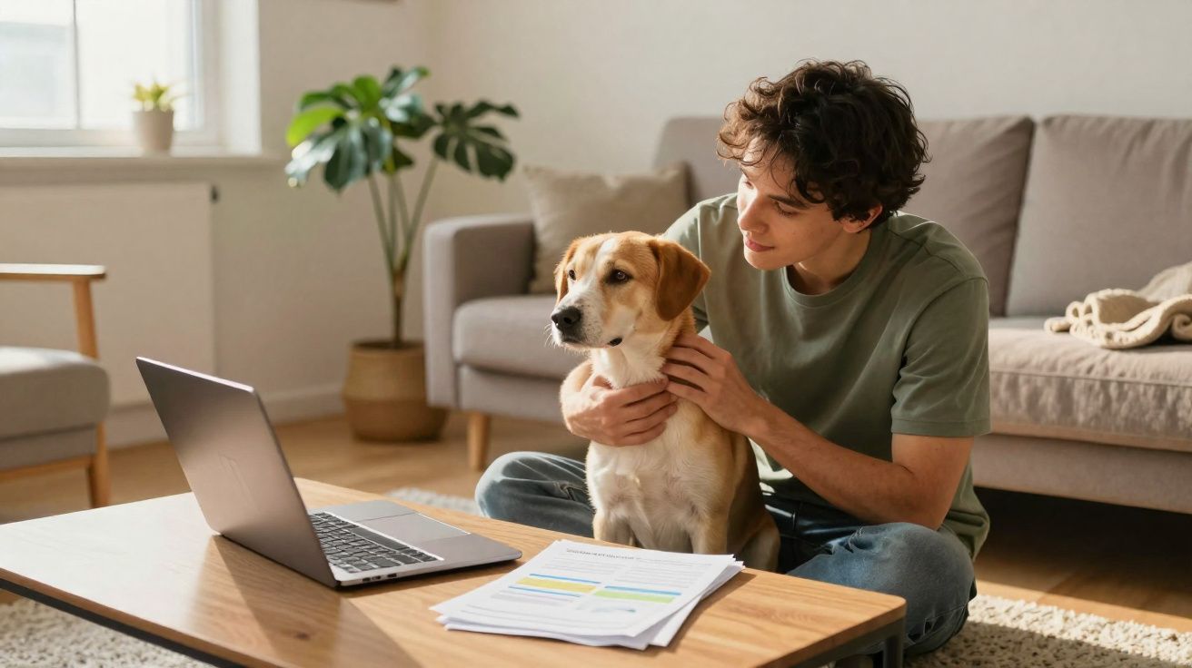 Jovem sentado no chão de uma sala, a afagar um cão, com portátil e papéis numa mesa à frente.