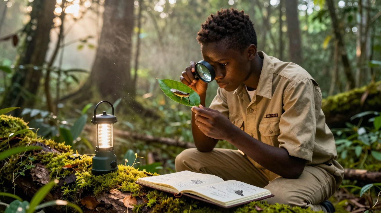 Jovem observa inseto numa folha com lupa, sentado na floresta, ao lado de livro aberto e lanterna acesa.