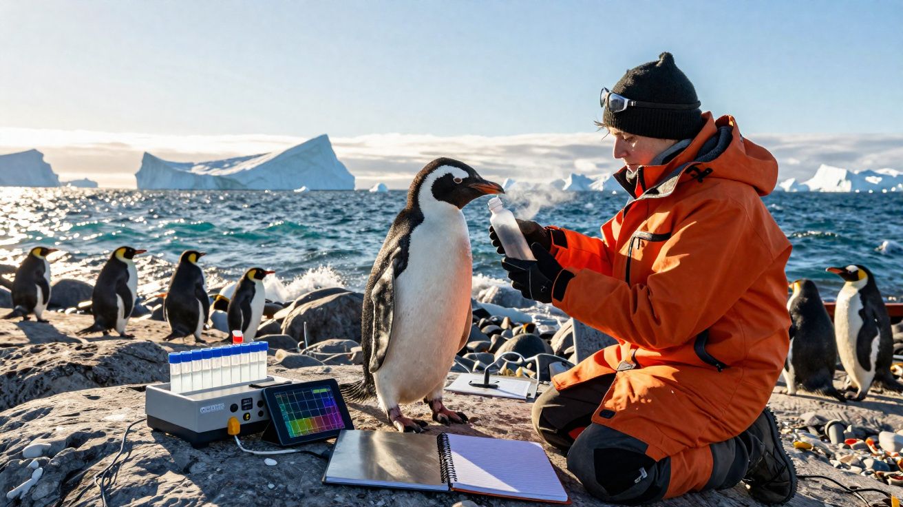 Investigador em roupa de inverno coleta amostra de pinguim Gentoo com icebergues ao fundo.