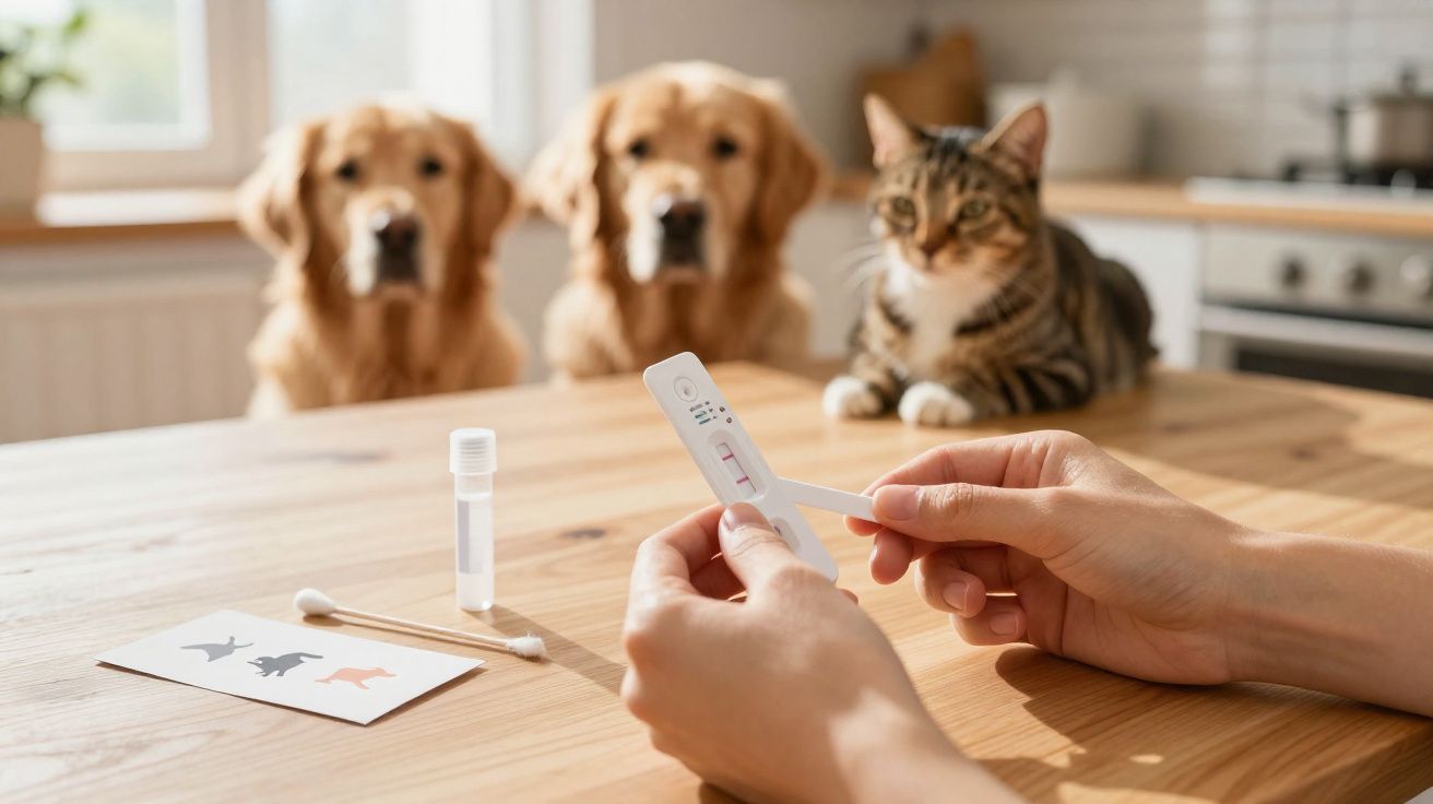 Pessoa a segurar teste veterinário numa mesa com dois cães e um gato atentos ao fundo.
