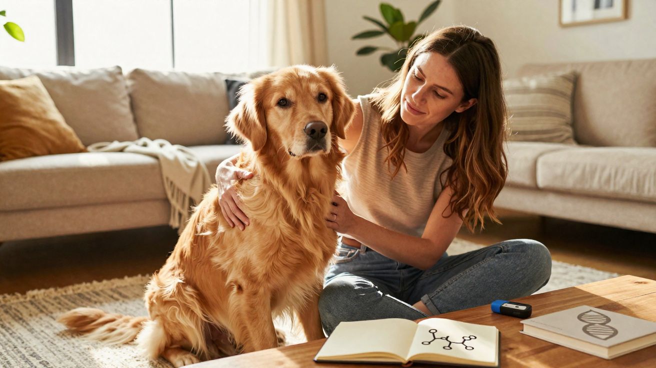 Mulher sentada no chão a abraçar um cão golden retriever numa sala iluminada com livros sobre genética.
