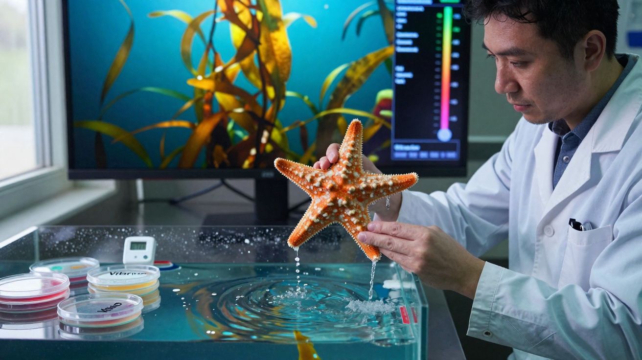 Cientista em laboratório analisa uma estrela-do-mar junto a placas de Petri e monitor com imagem subaquática.