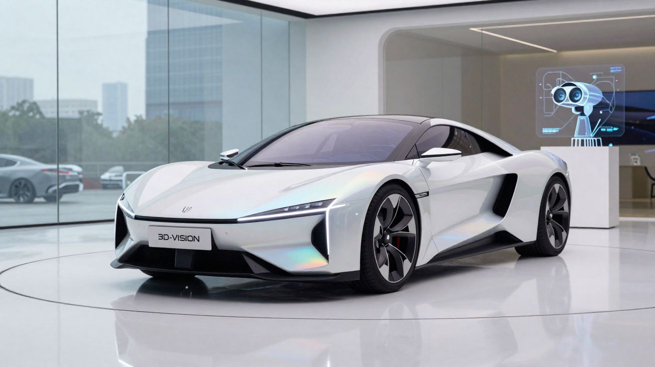 Carro elétrico desportivo branco num showroom moderno com paredes de vidro e um ecrã digital futurista ao fundo.