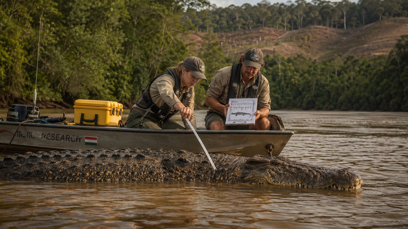 Dois investigadores numa pequena embarcação medem um crocodilo gigante no rio, rodeados de floresta e colinas.