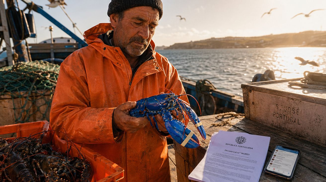 Pescador com fato laranja segura lagosta azul num barco com redes e documentos ao pôr do sol.