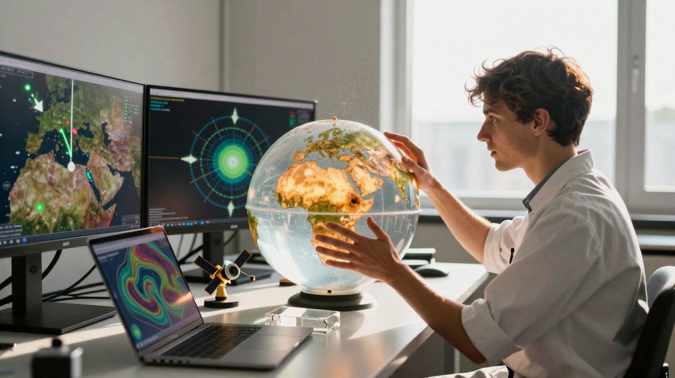 Homem a analisar um globo terrestre numa mesa com computadores e mapas digitais.