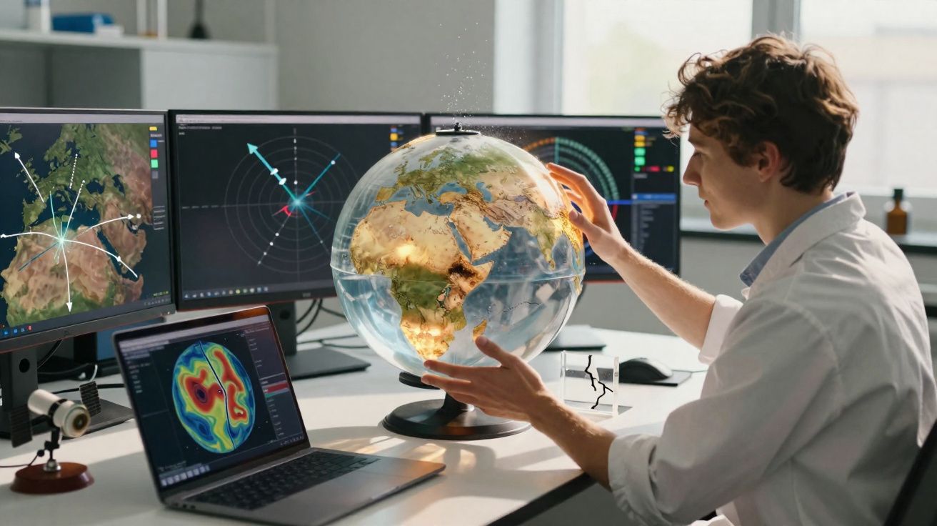 Cientista analisa globo terrestre iluminado com mapas e gráficos em monitores num escritório moderno.