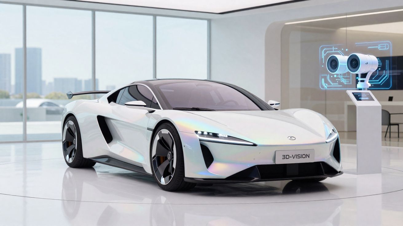 Carro desportivo branco futurista com design aerodinâmico exposto numa sala moderna e luminosa.